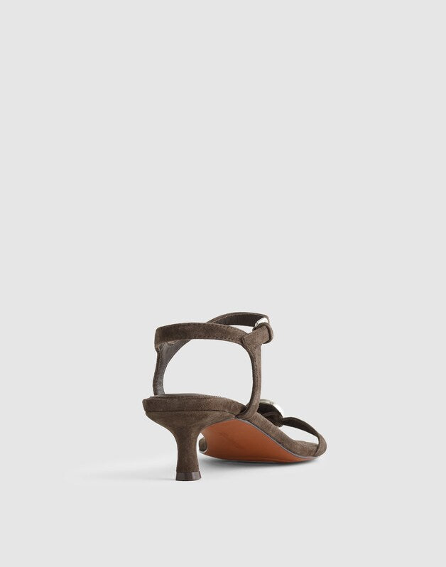 The Mila Sculpted Hardware Thong Sandal in Suede CHARRED OAK
