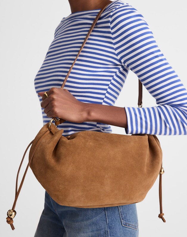 The Camren Gathered Shoulder Bag in Suede AGED COGNAC