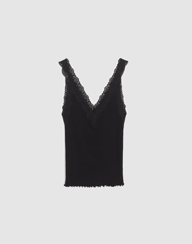 Lace-Trim Ribbed V-Neck Tank JET BLACK