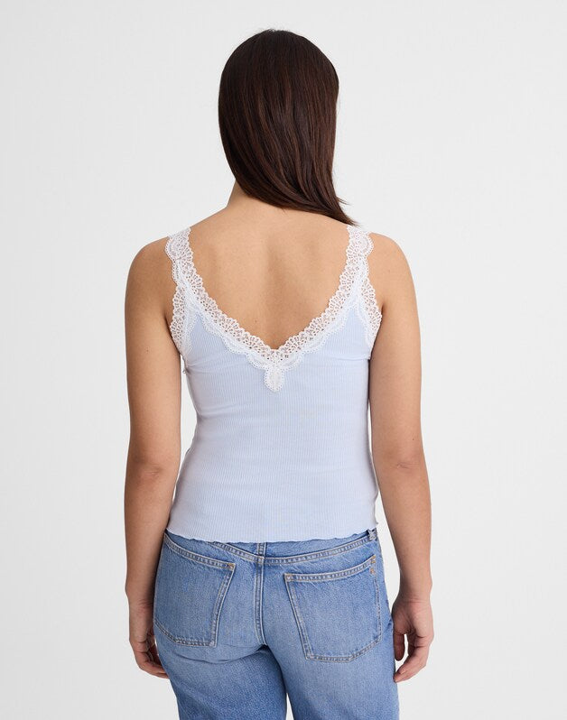 Lace-Trim Ribbed V-Neck Tank SKY BLUE