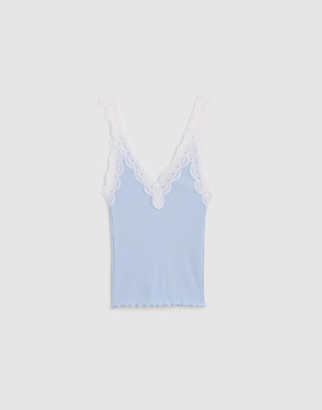 Lace-Trim Ribbed V-Neck Tank SKY BLUE