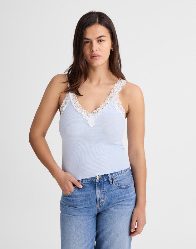 Lace-Trim Ribbed V-Neck Tank SKY BLUE