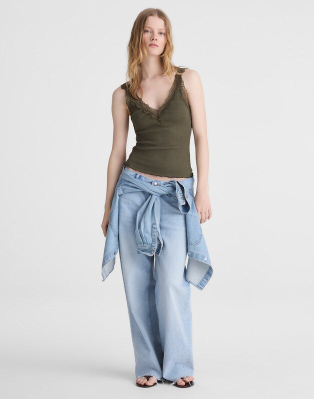 Lace-Trim Ribbed V-Neck Tank FADED IVY