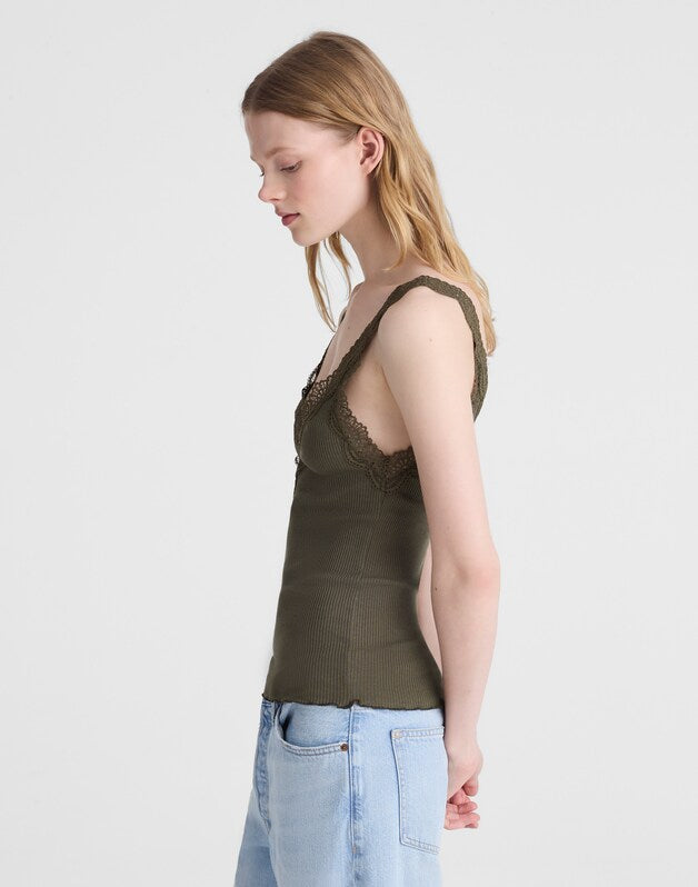 Lace-Trim Ribbed V-Neck Tank FADED IVY