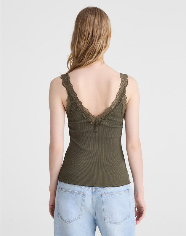 Lace-Trim Ribbed V-Neck Tank FADED IVY