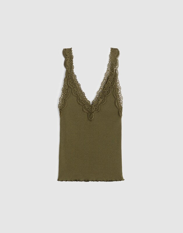 Lace-Trim Ribbed V-Neck Tank FADED IVY