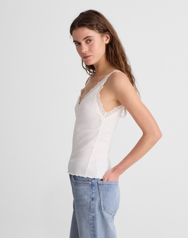 Lace-Trim Ribbed V-Neck Tank WINTER WHITE
