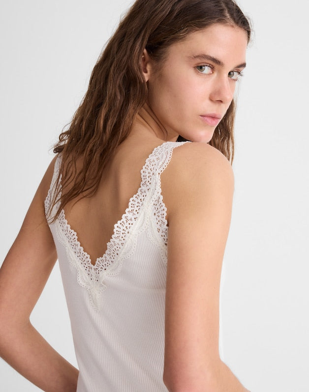 Lace-Trim Ribbed V-Neck Tank WINTER WHITE