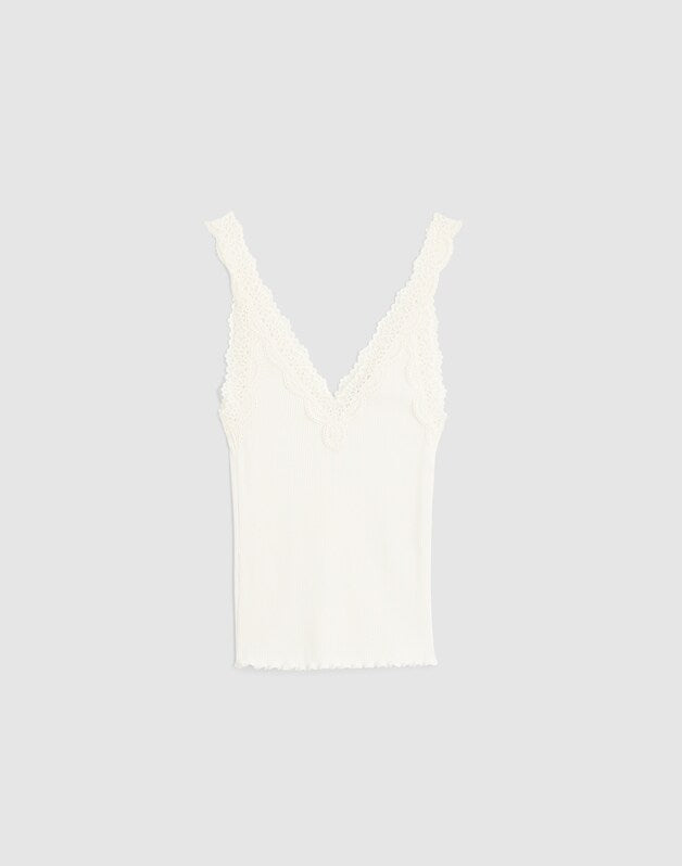 Lace-Trim Ribbed V-Neck Tank WINTER WHITE
