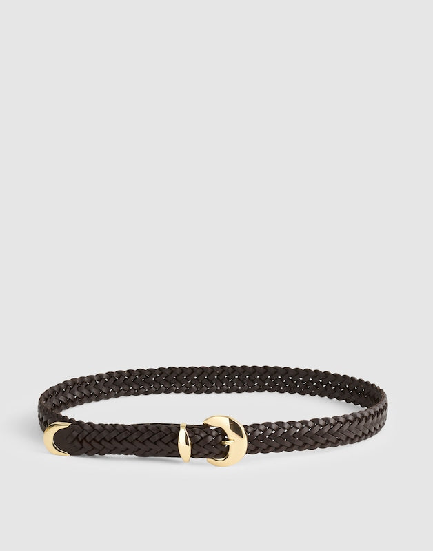 Domed-Buckle Wide Belt in Woven Leather COFFEE BEAN