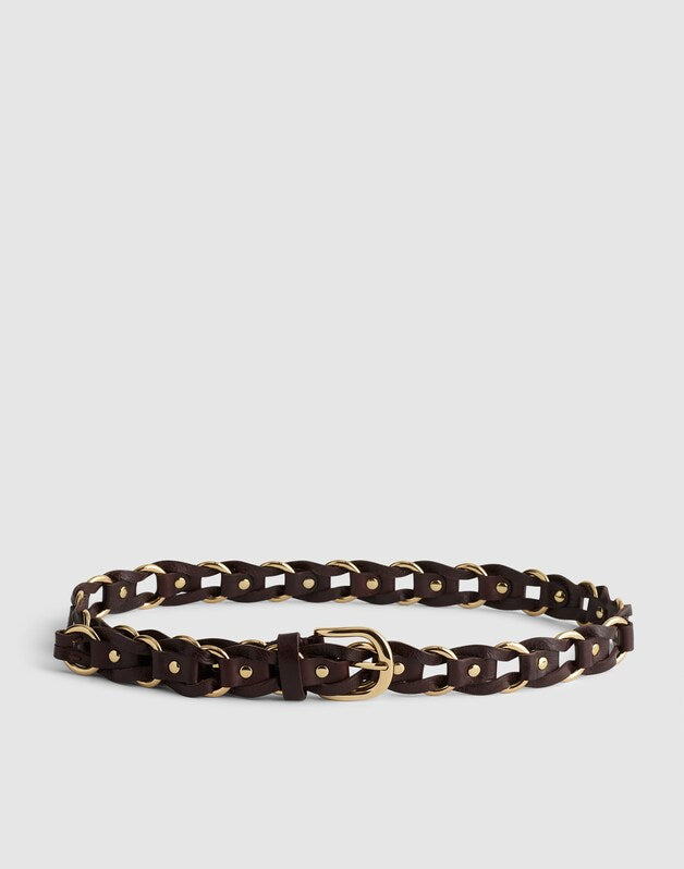 Metal Ring Woven Belt in Leather COFFEE BEAN