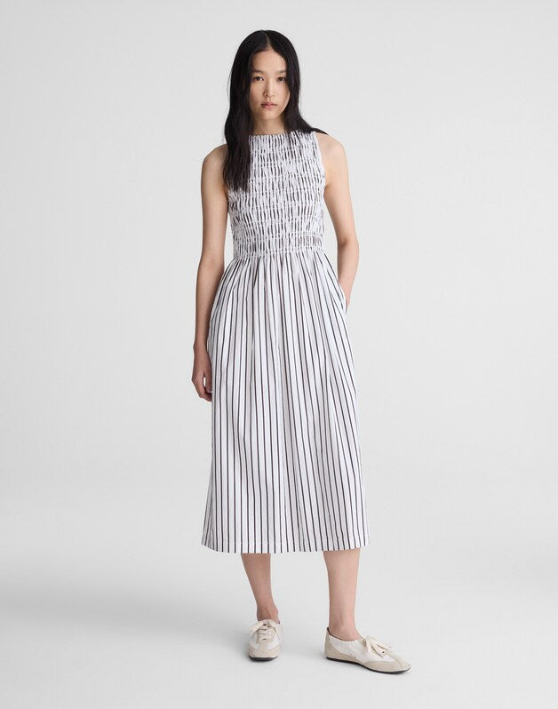 Boatneck Smocked Midi Dress WHITE