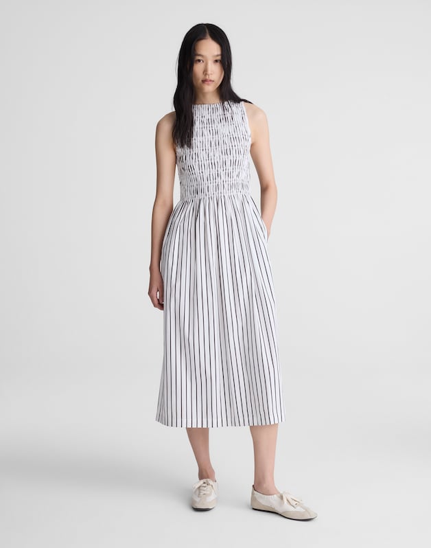 Boatneck Smocked Midi Dress WHITE