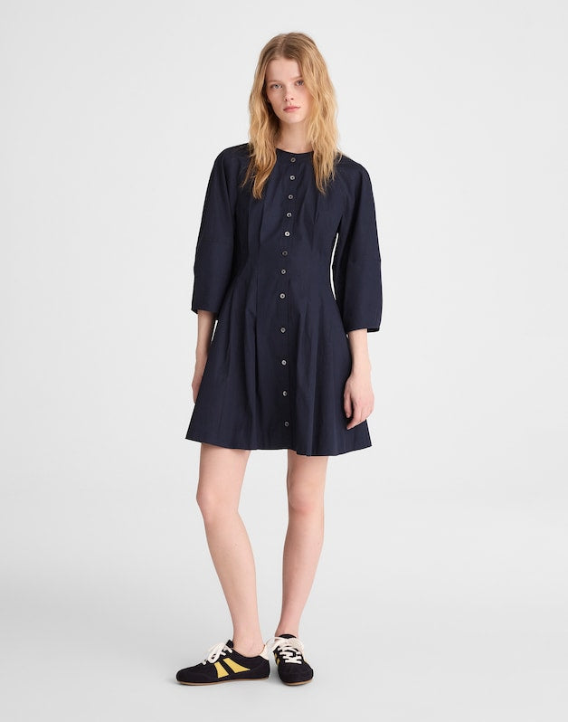 Sculptural-Sleeve Pleated Mini Dress CLASSIC NAVY