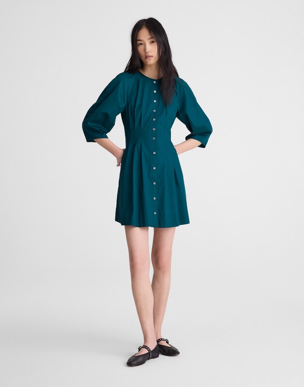 Sculptural-Sleeve Pleated Mini Dress MIDNIGHT SPRUCE