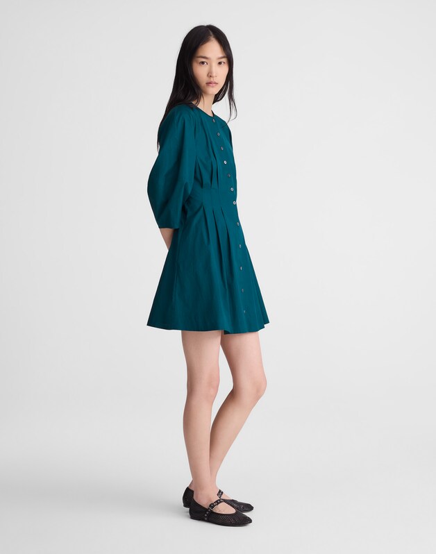 Sculptural-Sleeve Pleated Mini Dress MIDNIGHT SPRUCE