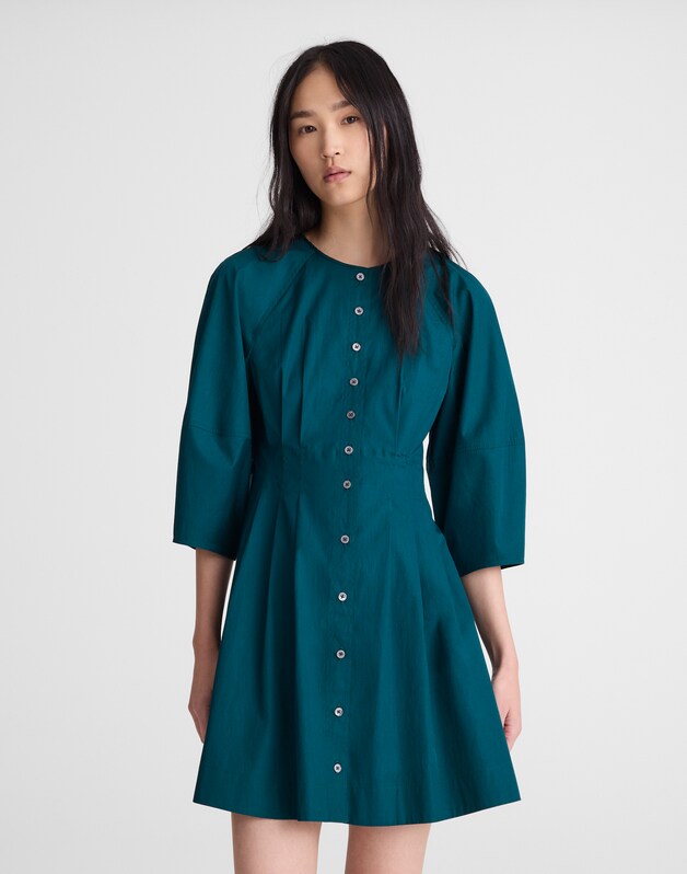 Sculptural-Sleeve Pleated Mini Dress MIDNIGHT SPRUCE