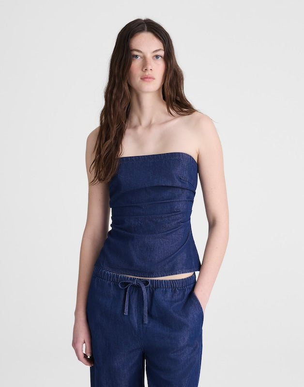 Denim Ruched Squareneck Tank NOSTALGIC BLUE