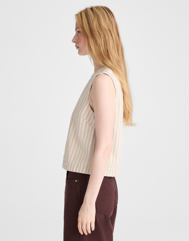 Denim Boxy Shell Top KHAKI SAND STRIPE
