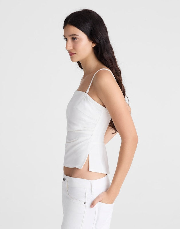 Airy Denim Ruched Squareneck Tank in Tile White TILE WHITE