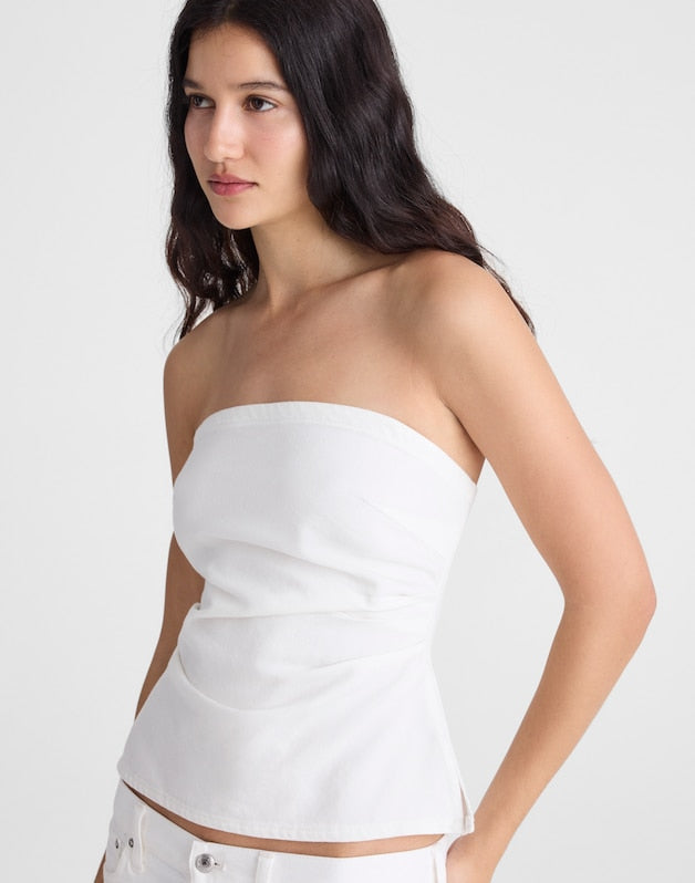 Airy Denim Ruched Squareneck Tank in Tile White TILE WHITE