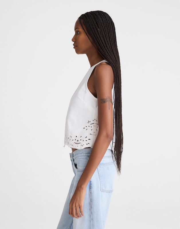Denim Eyelet Shell Top in Tile White TILE WHITE