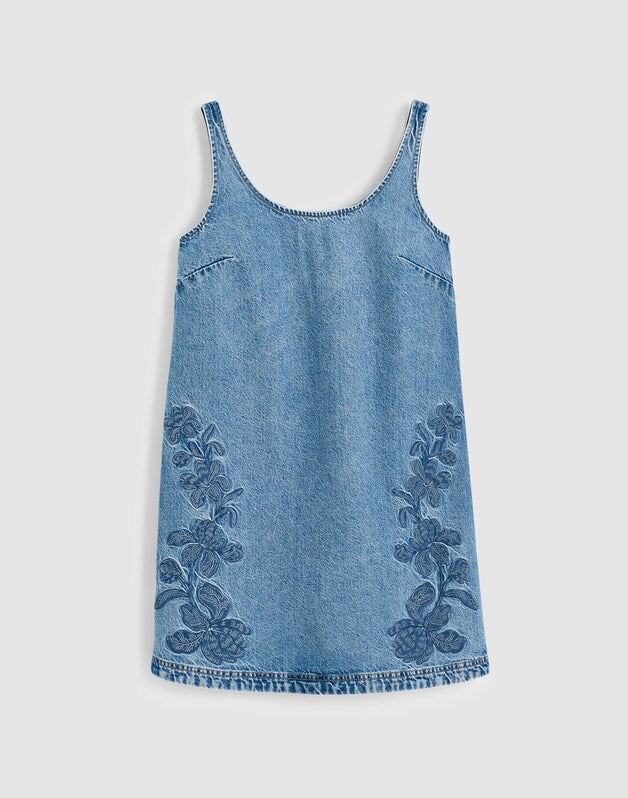 Denim Embroidered Mini Dress WORN MID INDIGO