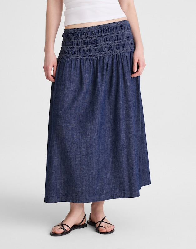 Denim Smocked-Waist Midi Skirt DARK COVE WASH