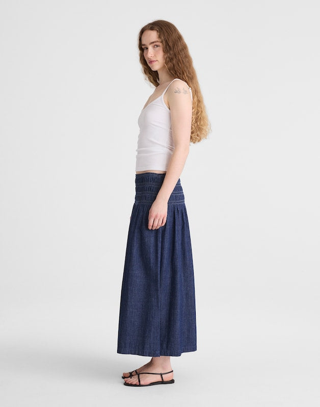 Denim Smocked-Waist Midi Skirt DARK COVE WASH