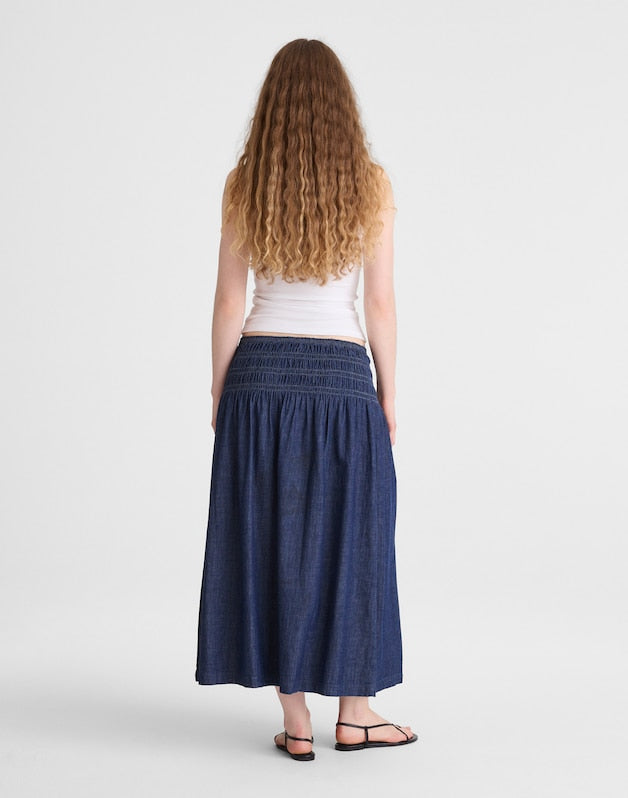 Denim Smocked-Waist Midi Skirt DARK COVE WASH