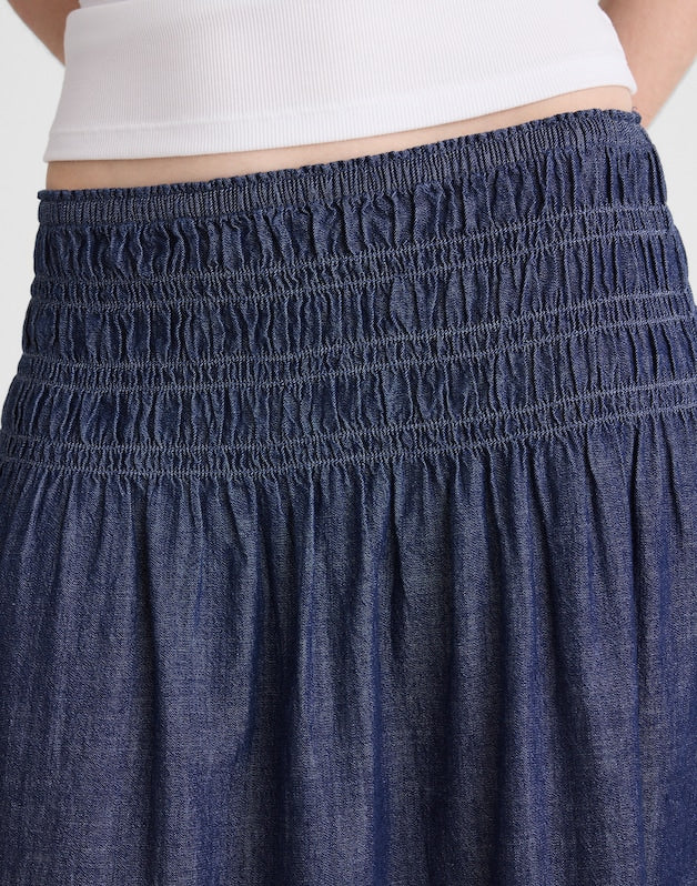 Denim Smocked-Waist Midi Skirt DARK COVE WASH