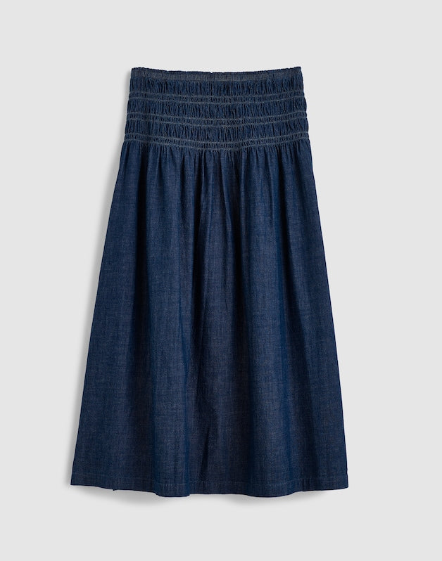 Denim Smocked-Waist Midi Skirt DARK COVE WASH