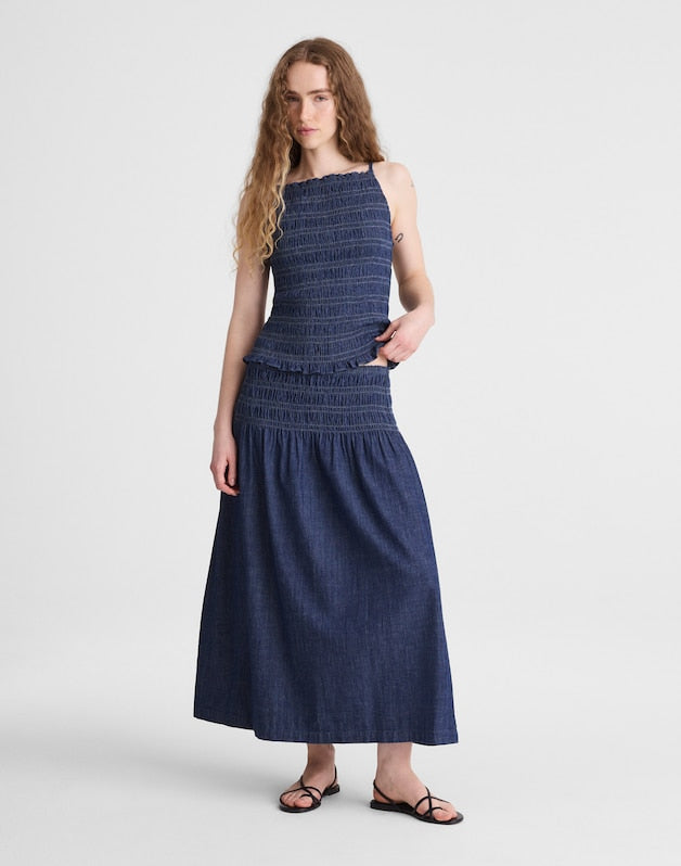 Denim Smocked-Waist Midi Skirt DARK COVE WASH