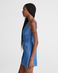 Denim Ruched Squareneck Mini Dress FADED SHORLINE
