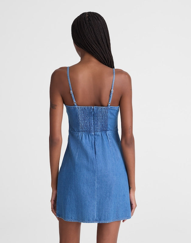 Denim Ruched Squareneck Mini Dress FADED SHORLINE