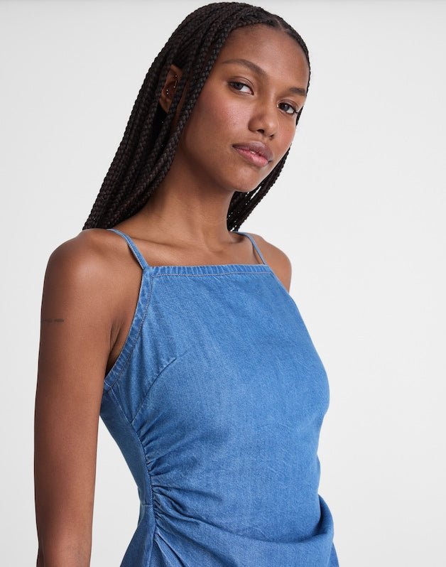 Denim Ruched Squareneck Mini Dress FADED SHORLINE