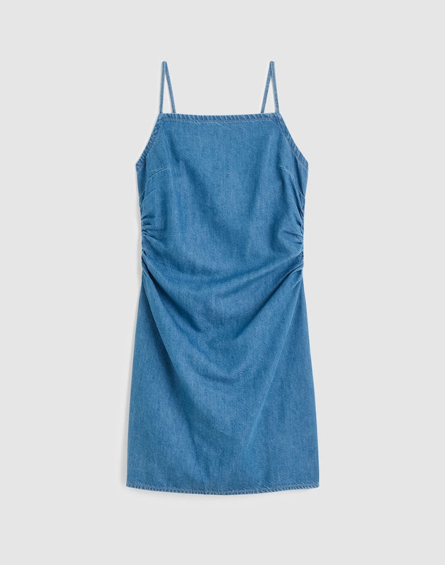Denim Ruched Squareneck Mini Dress FADED SHORLINE