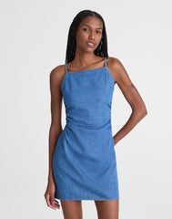 Denim Ruched Squareneck Mini Dress FADED SHORLINE