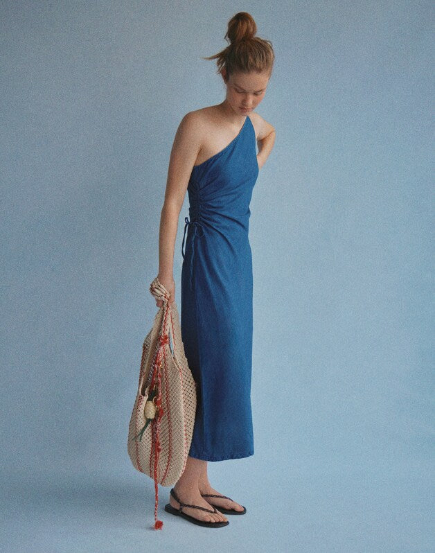 Denim One-Shoulder Maxi Dress MARINA BLUE