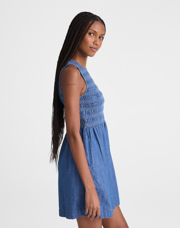The Denim Melody Smocked Mini Dress COVE WASH