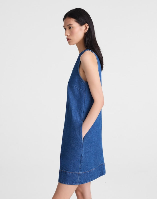 Denim V-Neck Sleeveless Mini Dress MARINA BLUE
