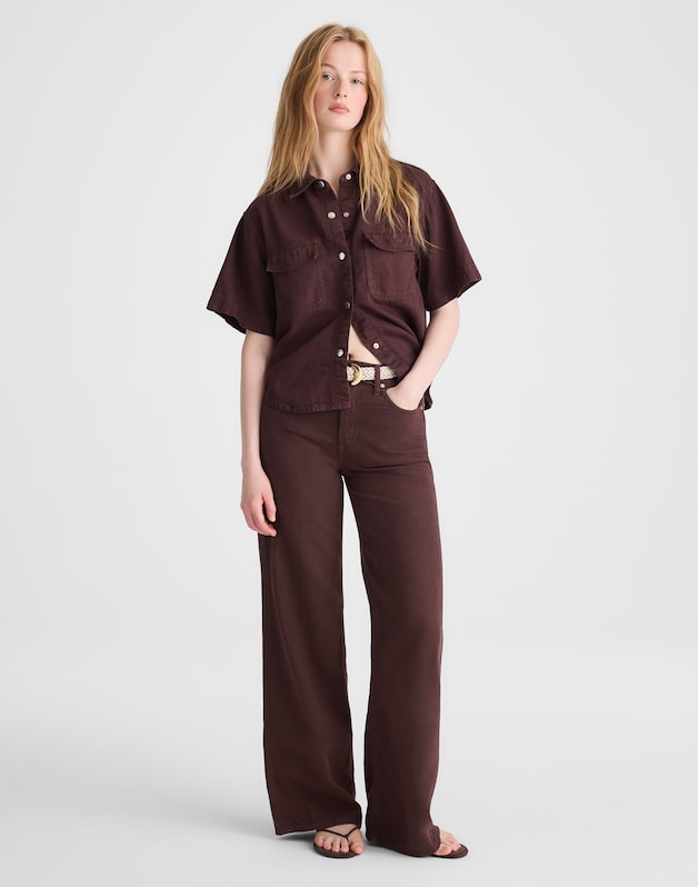 Airy Denim Utility-Pocket Shirt BURNT COCOA