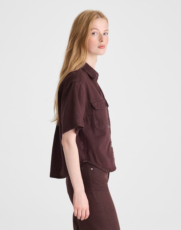 Airy Denim Utility-Pocket Shirt BURNT COCOA