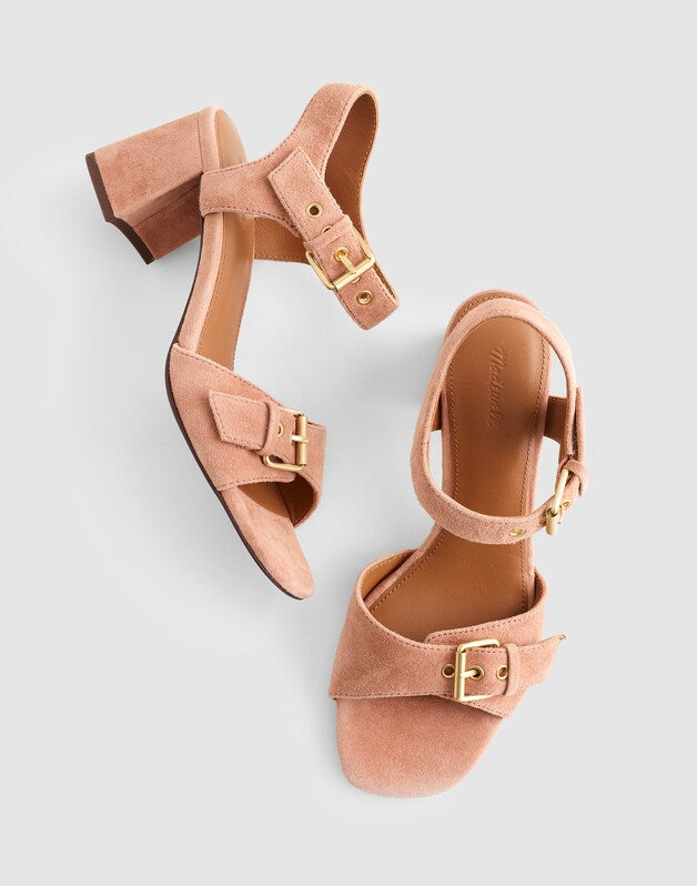 The Neeka Ankle-Strap Heeled Sandal in Suede WARM UMBER