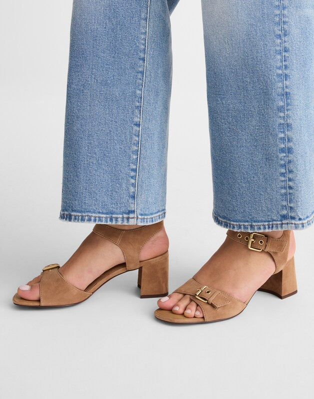 The Neeka Ankle-Strap Heeled Sandal in Suede TAWNY KHAKI