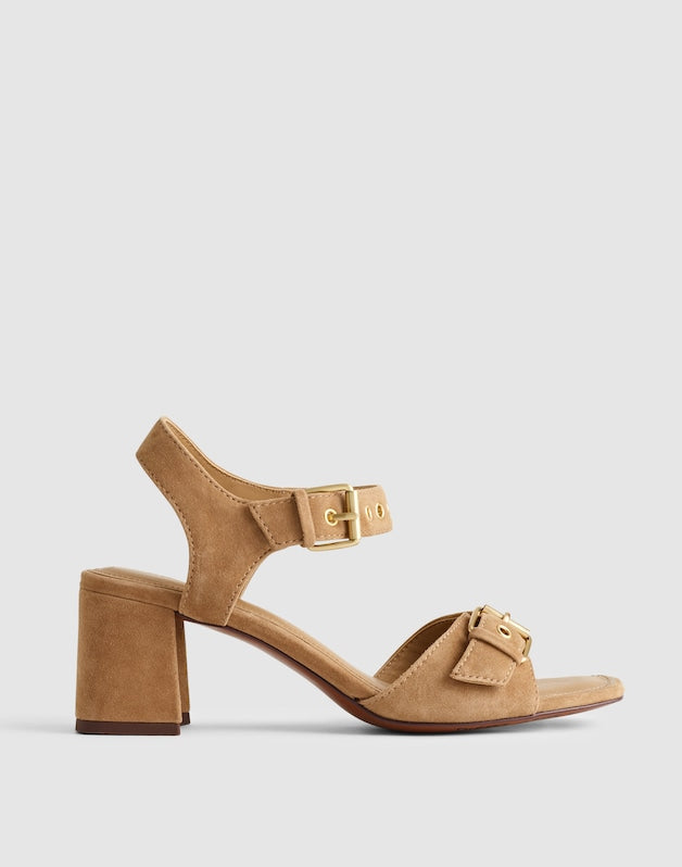 The Neeka Ankle-Strap Heeled Sandal in Suede TAWNY KHAKI