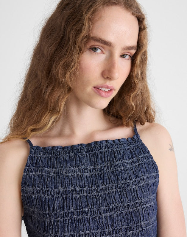 Denim Smocked Tank DARK COVE WASH