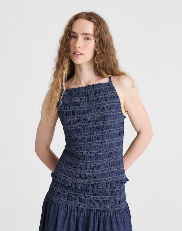 Denim Smocked Tank DARK COVE WASH