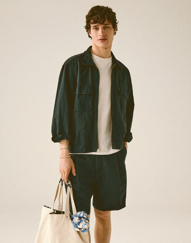 Zip-Front Jacket in Meridian Linen Blend BLACK