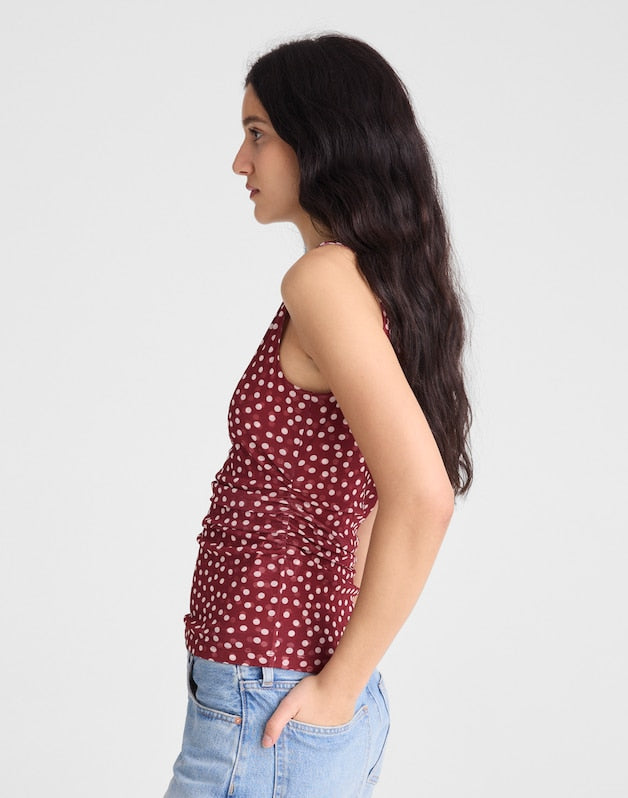 Cinched Double-Layered Mesh Top RED CURRANT